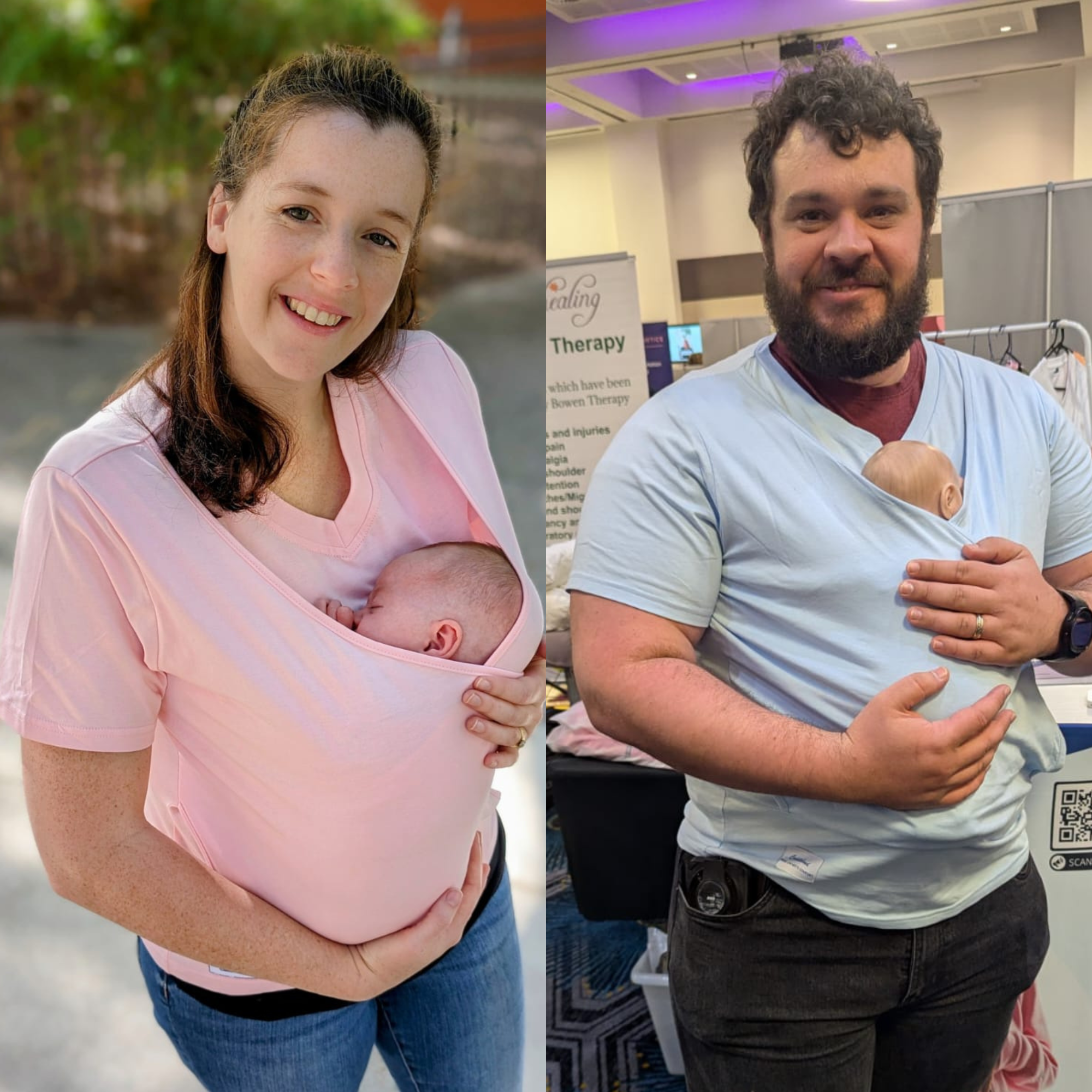 A mum and dad holding their babies with the Cuddlebond Baby Carrier T-Shirts