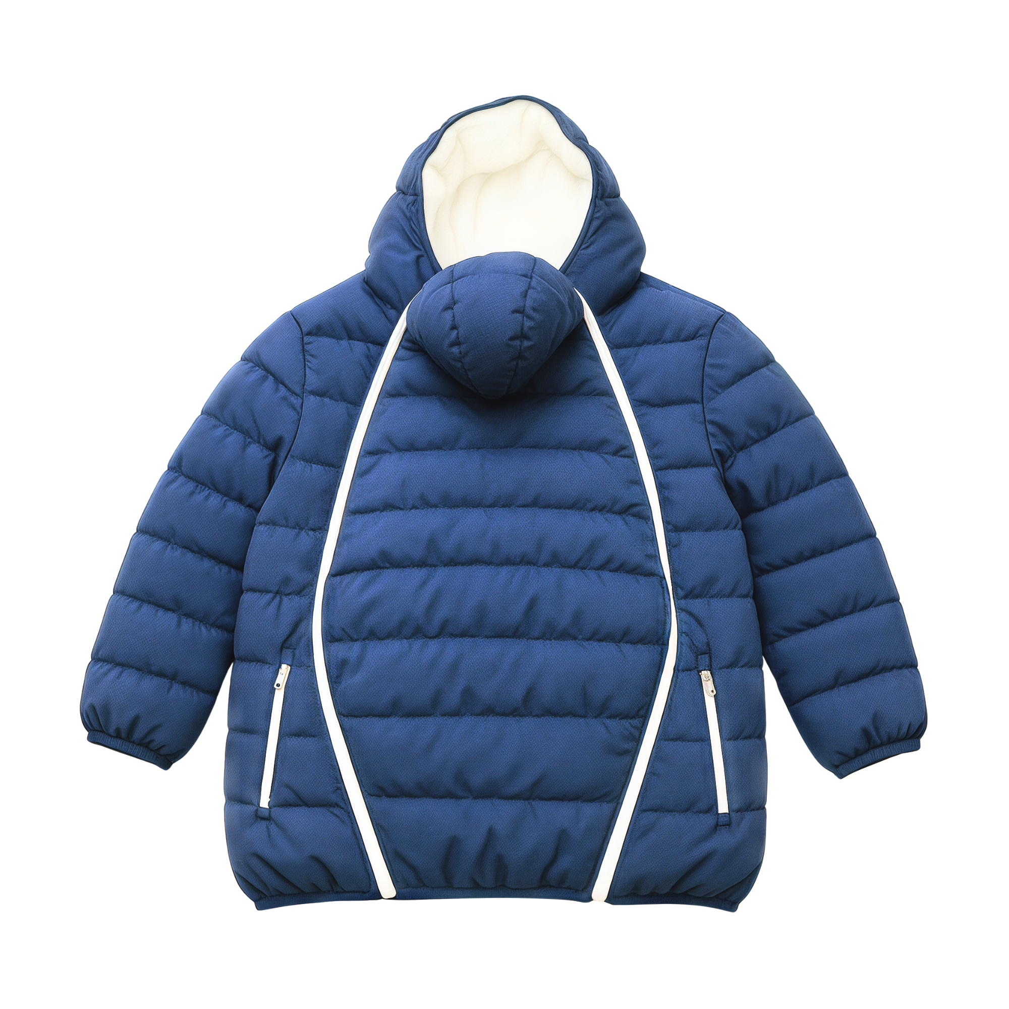 Blue puffer babywearing overwear jacket with white zipper on a white background